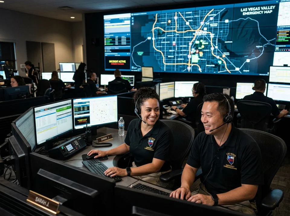 Two 911 dispatchers with headsets working at a modern call center console, with monitors in the background displaying a digital map of the Las Vegas valley.