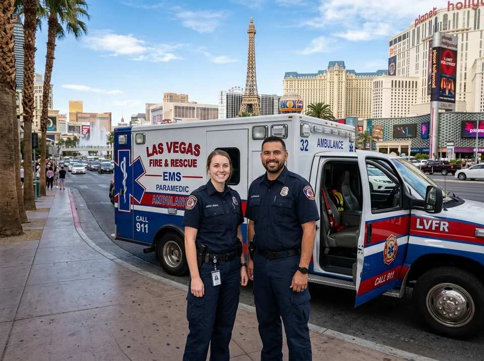 Two Las Vegas emergency medical services (EMS) paramedics in dark blue responder uniforms smiling next to an ambulance on the Las Vegas Strip, with palm trees and the Eiffel Tower landmark in the background.