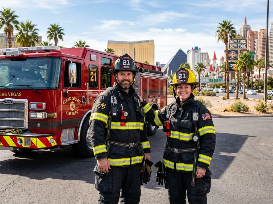 Two on-duty Clark County Fire Department (CCFD) firefighters in turnout gear standing smiling next to a red fire engine, with the Las Vegas Strip resorts like New York-New York and Mandalay Bay visible in the background.