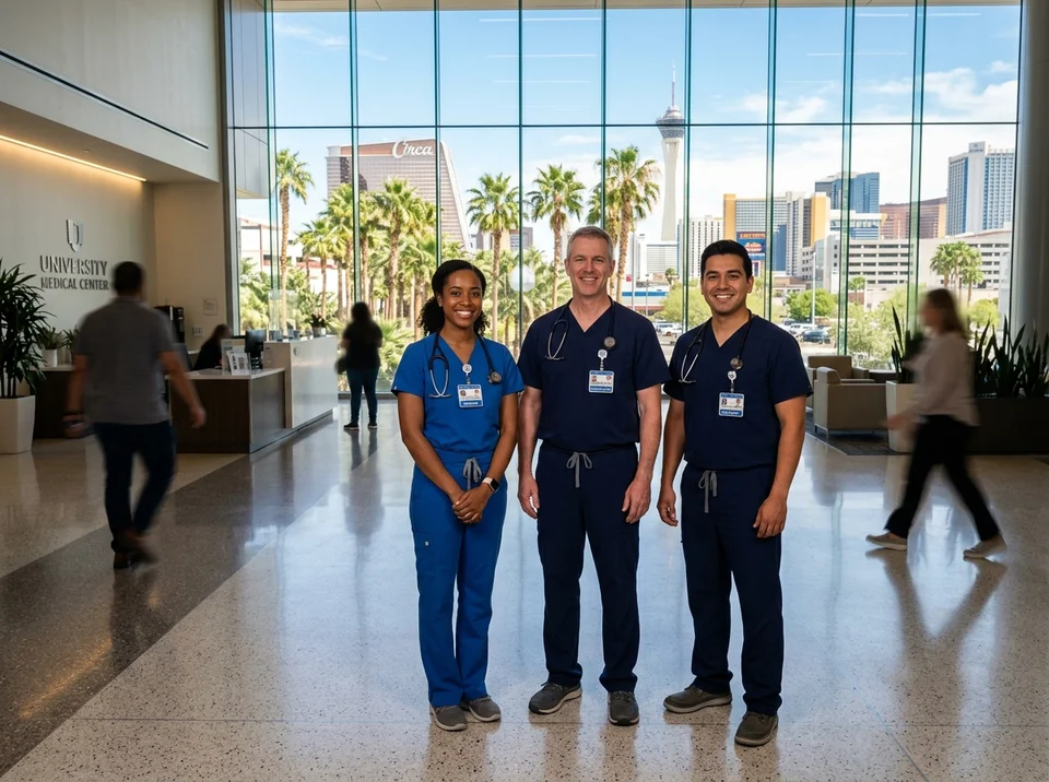 Three smiling UMC healthcare professionals in scrubs and stethoscopes inside a modern Las Vegas hospital lobby, with the Stratosphere tower and palm trees visible through the windows.