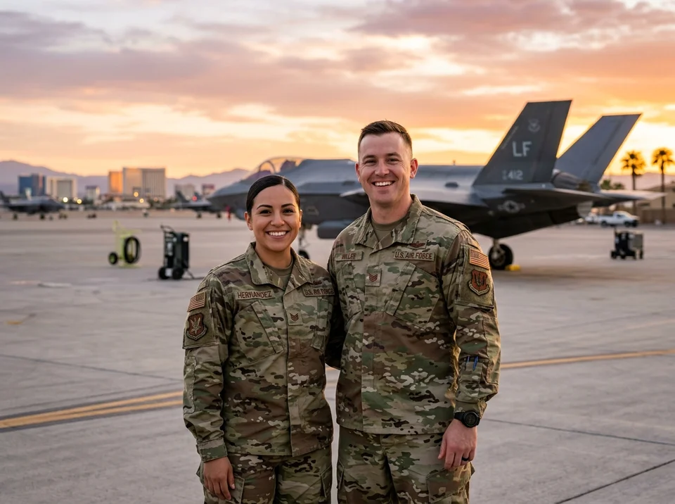 Two on-duty active military service members in desert camouflage uniforms smiling on a desert airfield under a warm Las Vegas sunset, with a modern military fighter jet parked in the background.
