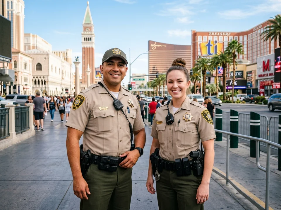 Two friendly on-duty Las Vegas Metropolitan Police Department (LVMPD) officers in their signature tan and green uniforms smiling on the Las Vegas Strip, with iconic resort buildings and palm trees in the background.
