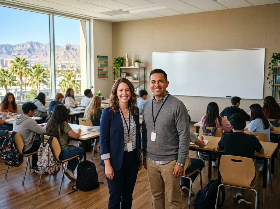 Two smiling teachers (a man and a woman) at the front of a modern high school classroom with students sitting at desks in the background, a clean whiteboard on the wall, and sunny Las Vegas mountains and palm trees visible through the window.
