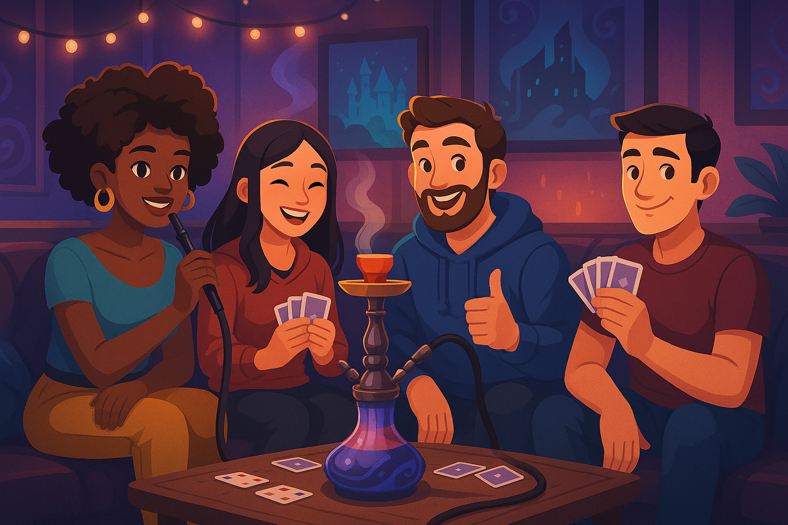 Friends enjoying hookah and games at Mage
