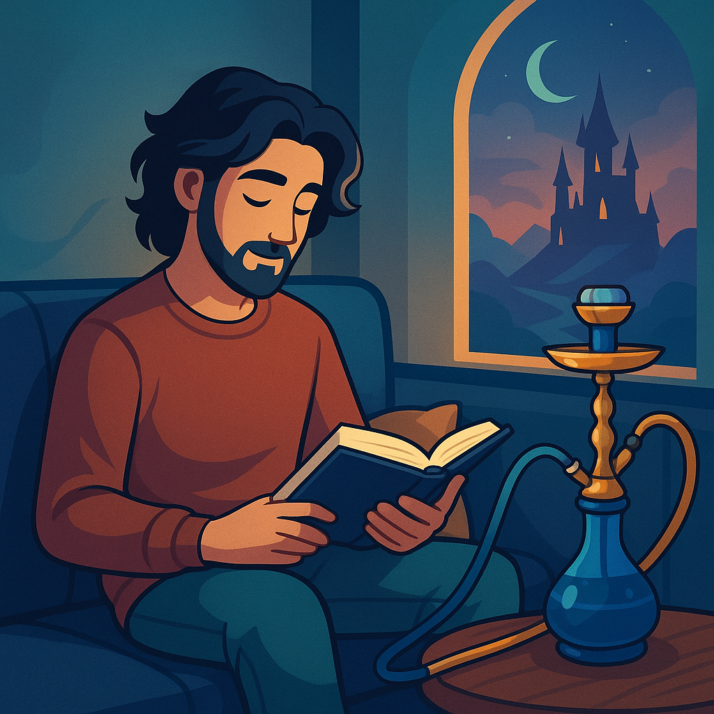 Guest relaxing solo with hookah and a book